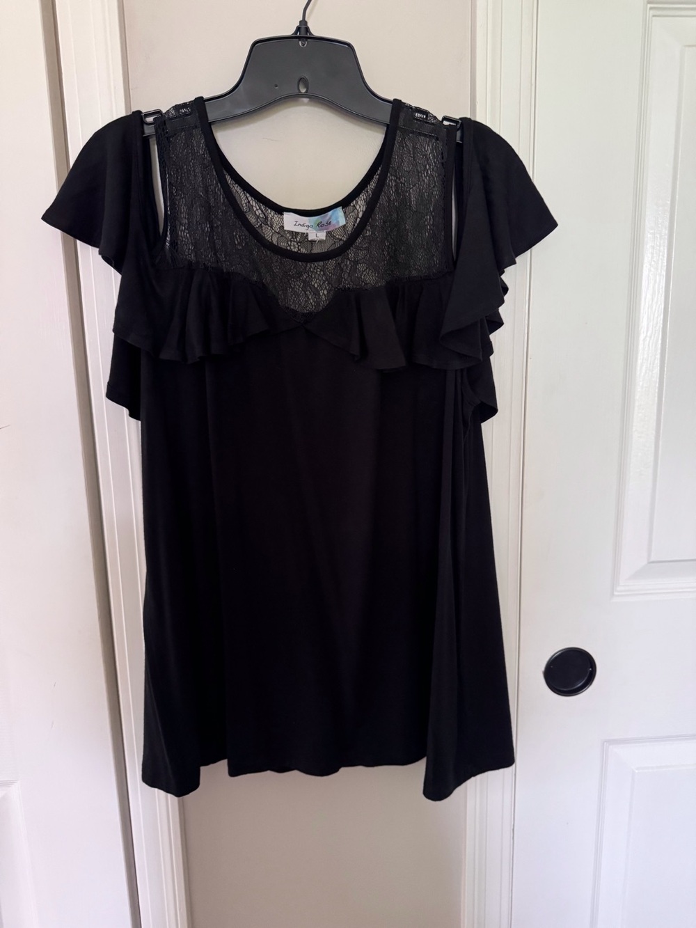 Black cold shoulder top with lace yolk, size large